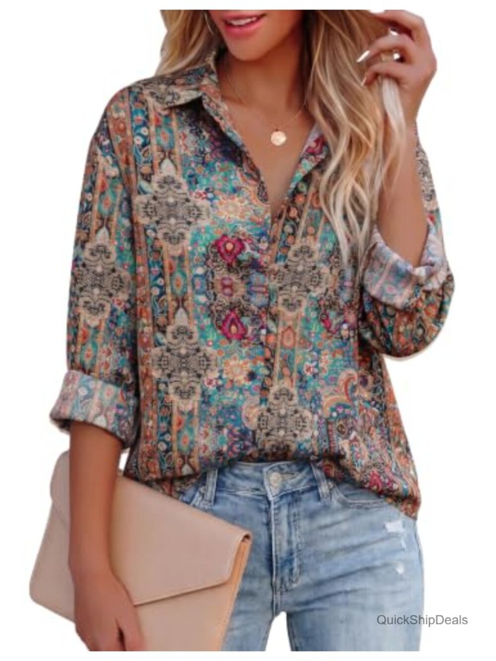 Womens Chiffon Button Down Blouse Long Sleeve Floral Peasant Top